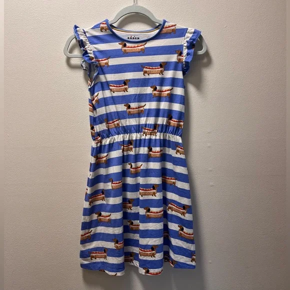 Mini Boden Girl’s Summer Dress, 11-12 Yr, Ruffle Sleeve, Weiner Dog Pattern - Picture 1 of 5